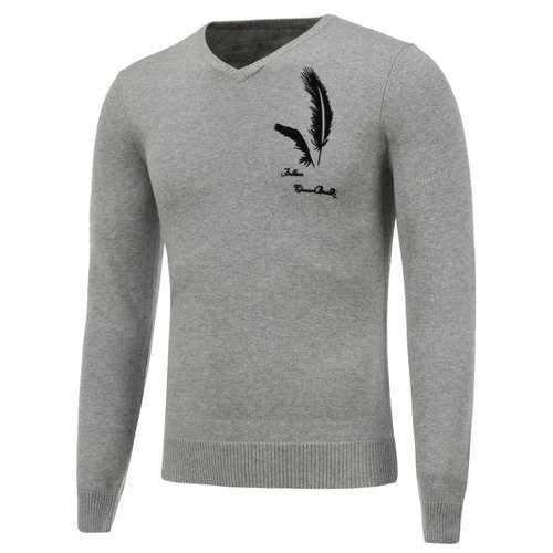 Long Sleeve V Neck Feather Graphic Sweater - Gray Xl