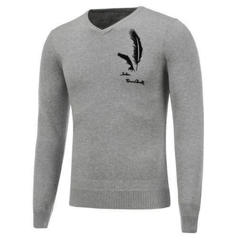 Long Sleeve V Neck Feather Graphic Sweater - Gray Xl