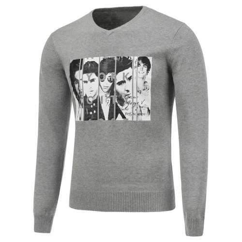 Long Sleeve V Neck Figure Print Sweater - Gray L