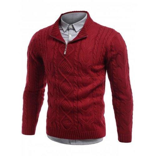 Cable Knit Stand Collar Half Zip Sweater - Red Xl