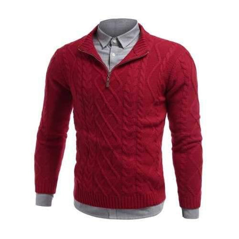 Stand Collar Cable Knit Half Zip Sweater - Red Xl