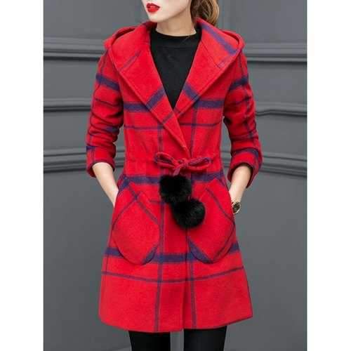 Grid Drawstring Wool Blend Hooded Coat - Red L