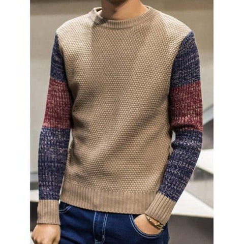 Color Block Pullover Crew Neck Sweater - Khaki M