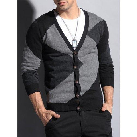 V Neck Color Matching Button Up Cardigan - Black L