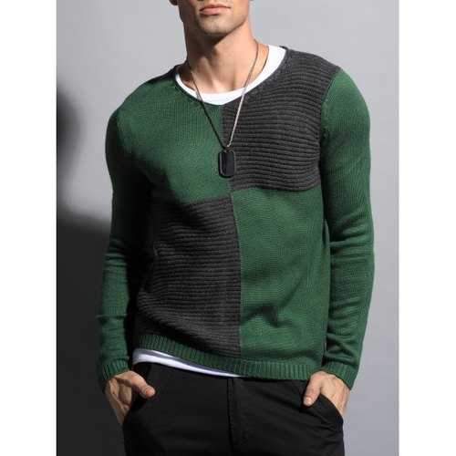 Ribbed V Neck Two Tone Sweater - Green Xl