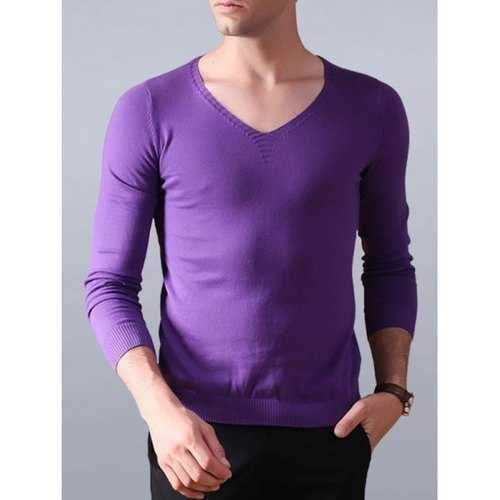 V Neck Flat Knitted Plain Sweater - Purple 2xl