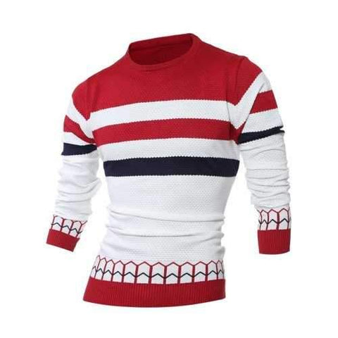 Striped Jacquard Crew Neck Pullover Sweater - Red 2xl