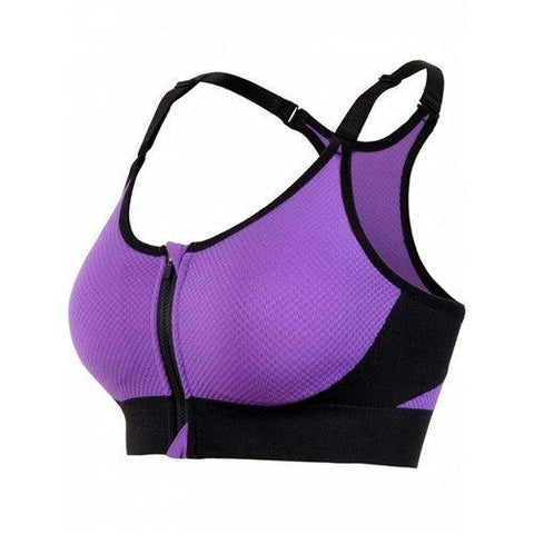 Zipper Front Strappy Racerback Sports Bra - Purple M