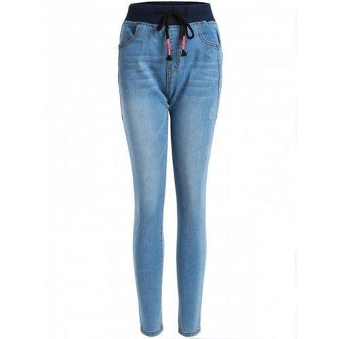 Drawstring Frayed Pencil Jeans - Denim Blue M