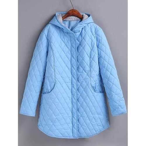 Plus Size Hooded Grid Quilted Coat - Light Blue 4xl