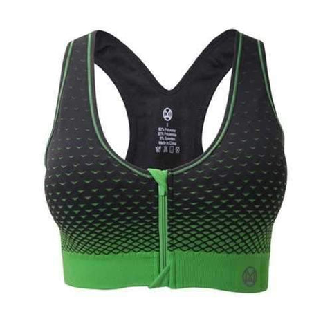 Zipper Front Contrast Racerback Yoga Push Up Sports Bra - Black And Green S