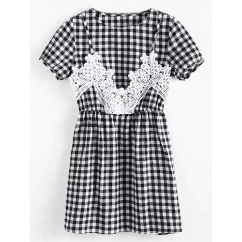 Short Sleeve Plaid Lace Panel Dress - Plaid M