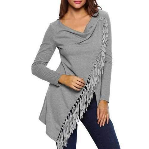 Asymmetrical Fringed Convertible Coat - Gray L