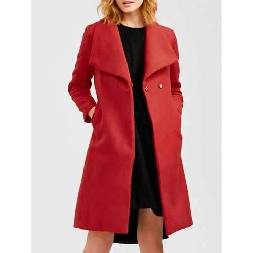 Wool Blend Long A Line Wrap Coat With Belt - Red L