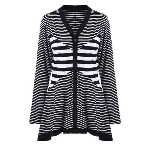 Plus Size Buttoned Striped Asymmetric Cardigan - Stripe Xl