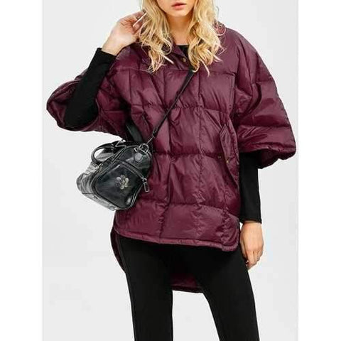 Hooded High-Low Oversized Down Coat - Wine Red S