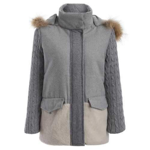 Color Block Faux Fur Hooded Coat - Light Grey S