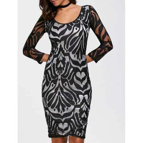 Scoop Neck Jacquard Lace Sheath Dress - Black L