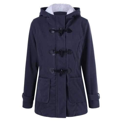 Pockets Hooded Duffle Coat - Purplish Blue L