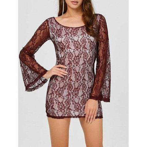 Backless Mini Lace Long Sleeve Dress - Wine Red L