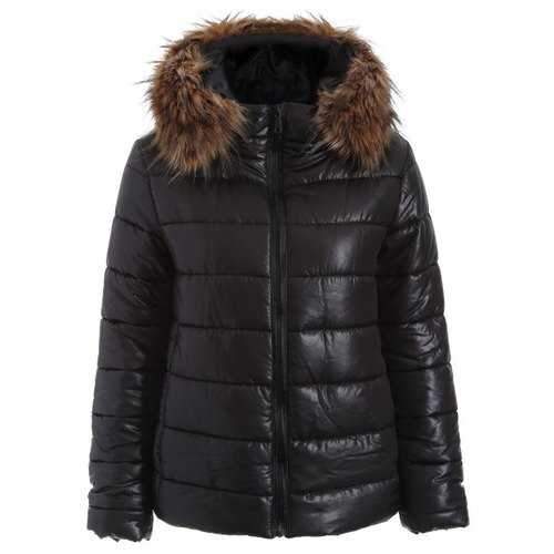 Fur Hooded Zip Up Down Coat - Black 2xl