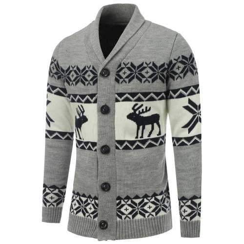 Shawl Collar Reindeer Snowflake Button Up Cardigan - Gray S