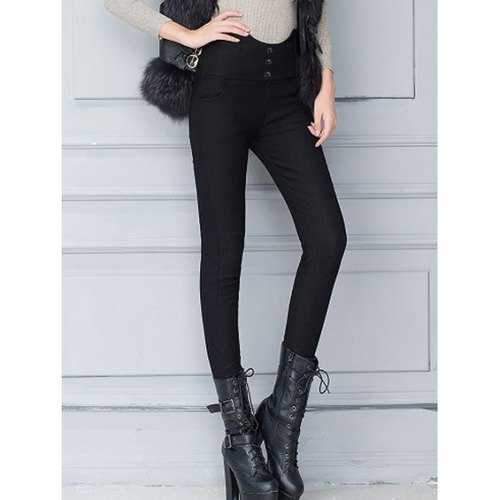 Buttoned High Waist Pencil Skinny Leg Work Pants - Black S