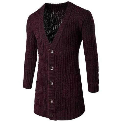 Pocket Button Front V Neck Knitted Cardigan - Burgundy L