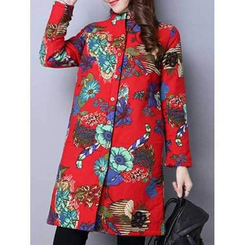 Floral Print Quilted Coat - Red Xl