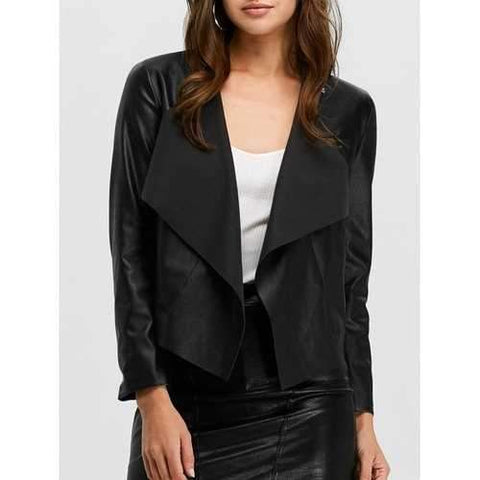 Faux Leather Open Front Jacket - Black M