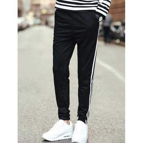 Slim Fit Drawstring Waist Striped Jogger Pants - Black M