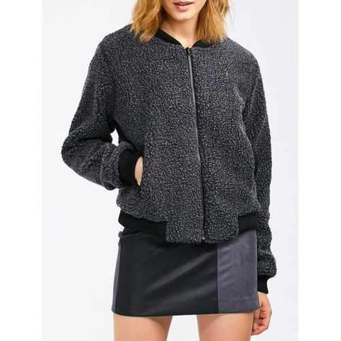 Faux Shearling Jacket With Pocket - Deep Gray M