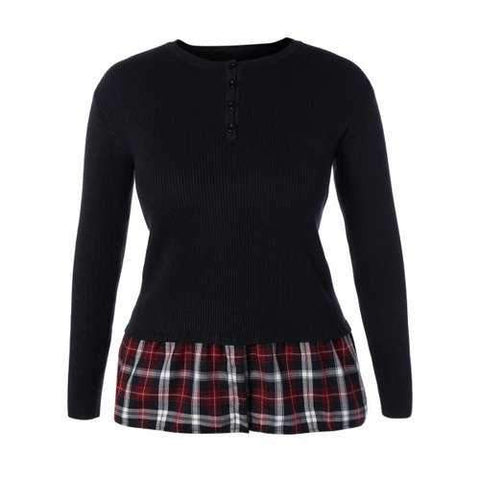 Plus Size Skinny Ribbed Sweater With Plaid Inset - Black 4xl