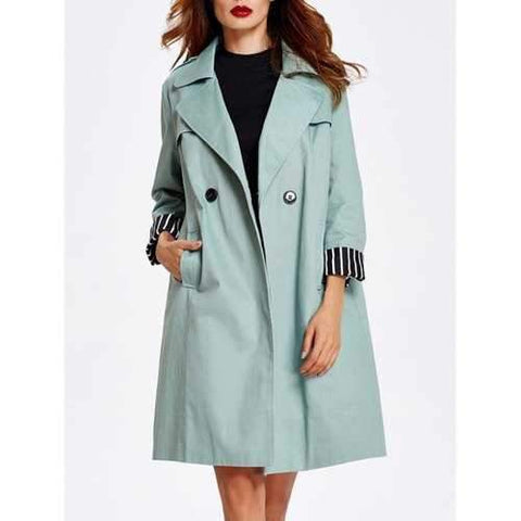 Striped Hem Button Up Trench Coat - Pea Green S