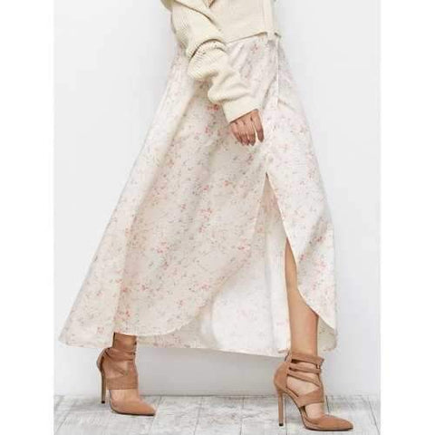 Floral Asymmetric Slit Skirt - Pink L