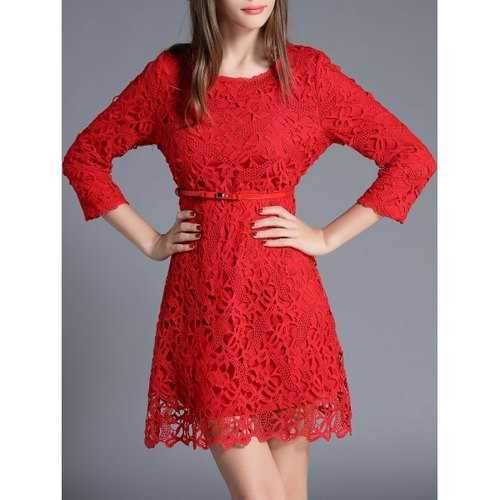 Lace Crochet Mini Dress With Belt - Red S