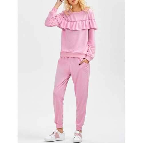 Flounced Sweatshirt and Jogger Pants - Pink L