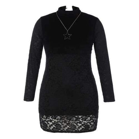 Faux Fur Insert Lace Bodycon Dress - Black L