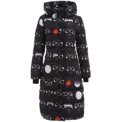 Glassess Printed Maxi Padded Hooded Coat - Black Xl