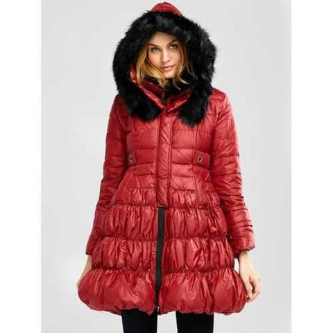 Long Skirted Down Coat With Fur Hood - Red S