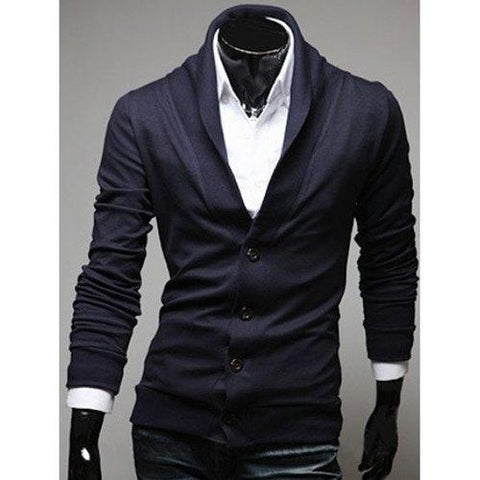 Shawl Collar Button Front Plain Cardigan - Deep Blue L