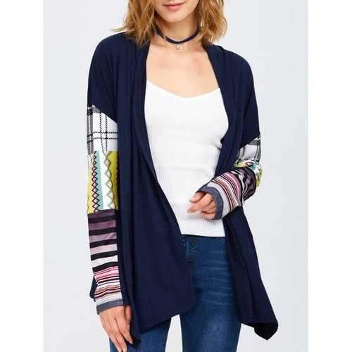 Collarless Tribal Print Duster Coat - Purplish Blue M