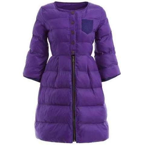 High Waist Single Breasted Long Skirted Quilted Coat - Purple L