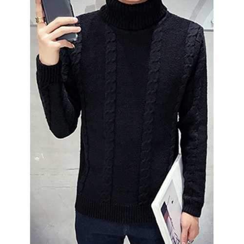 Long Sleeve Turtleneck Cable Knit Sweater - Black 2xl