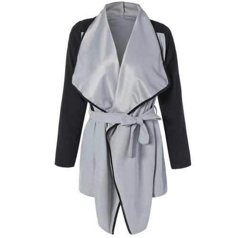 Two Tone Belted Wrap Coat - Black And Grey M