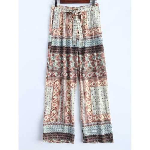 Ornate Floral Print Wide Leg Palazzo Pants - L