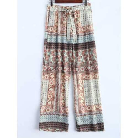 Ornate Floral Print Wide Leg Palazzo Pants - L