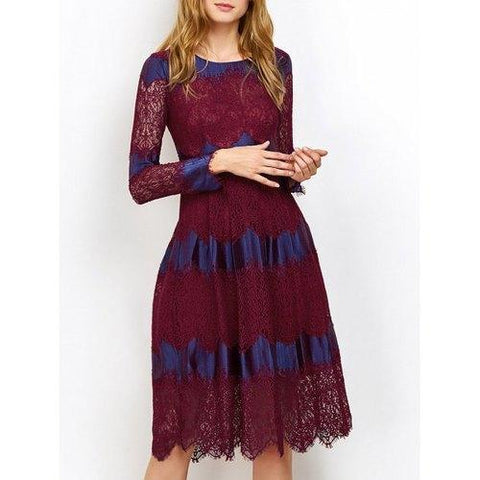 Two Tone Lace Long Sleeve Evening Dress - Wine Red L