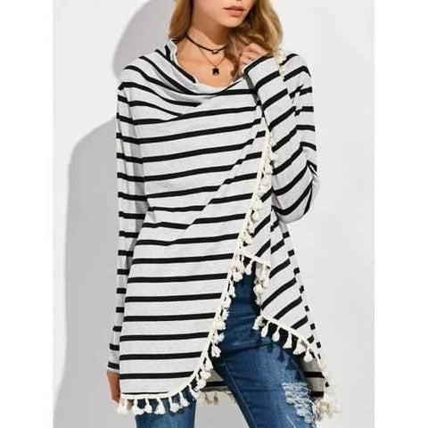 Revisable High Low Tassel Stripe Coat - Light Grey L