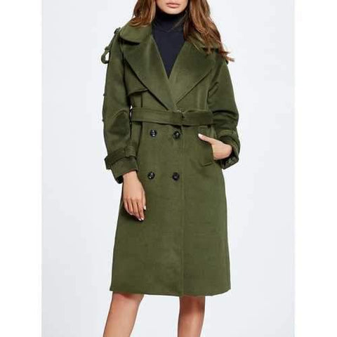 Lapel Belted Double Breasted Wool Blend Coat - Green L